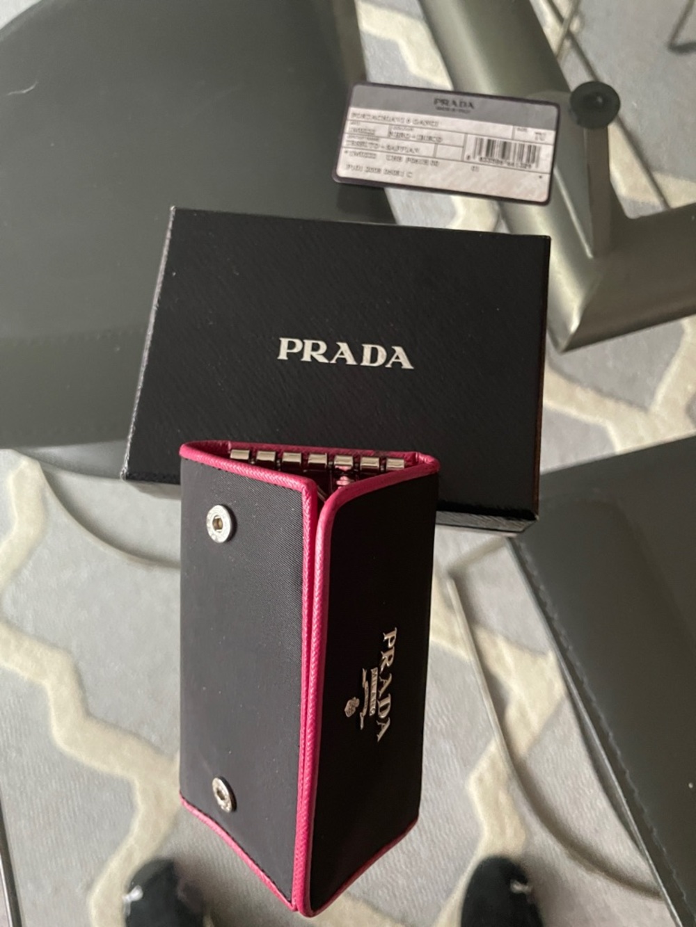 Prada Black Key Case with Fuchsia Trim with Box and authenticity Cards